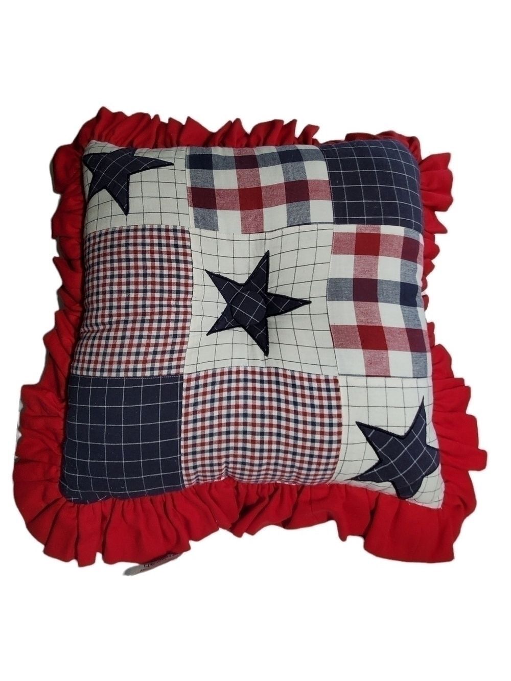 Country Patchwork quilt Plaid Star Red White Blue quilted ruffle pillow
